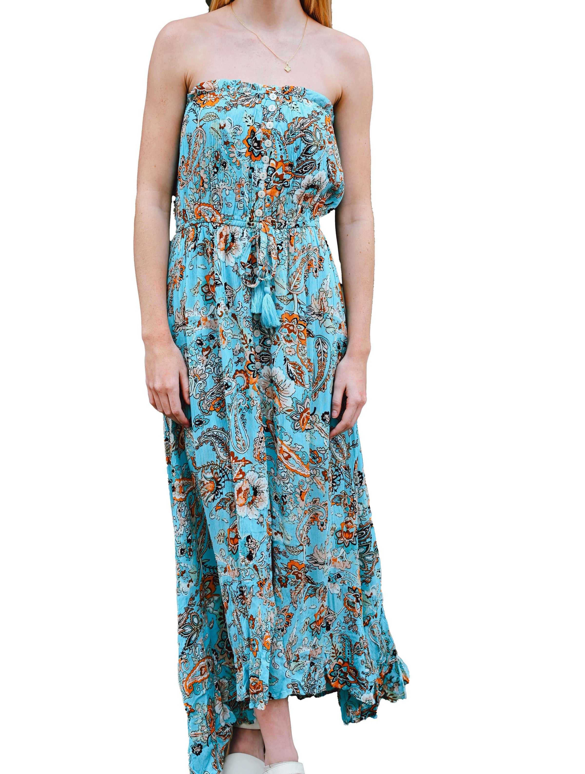 Maxi Strapless Front Slit Dress in Turquoise Floral