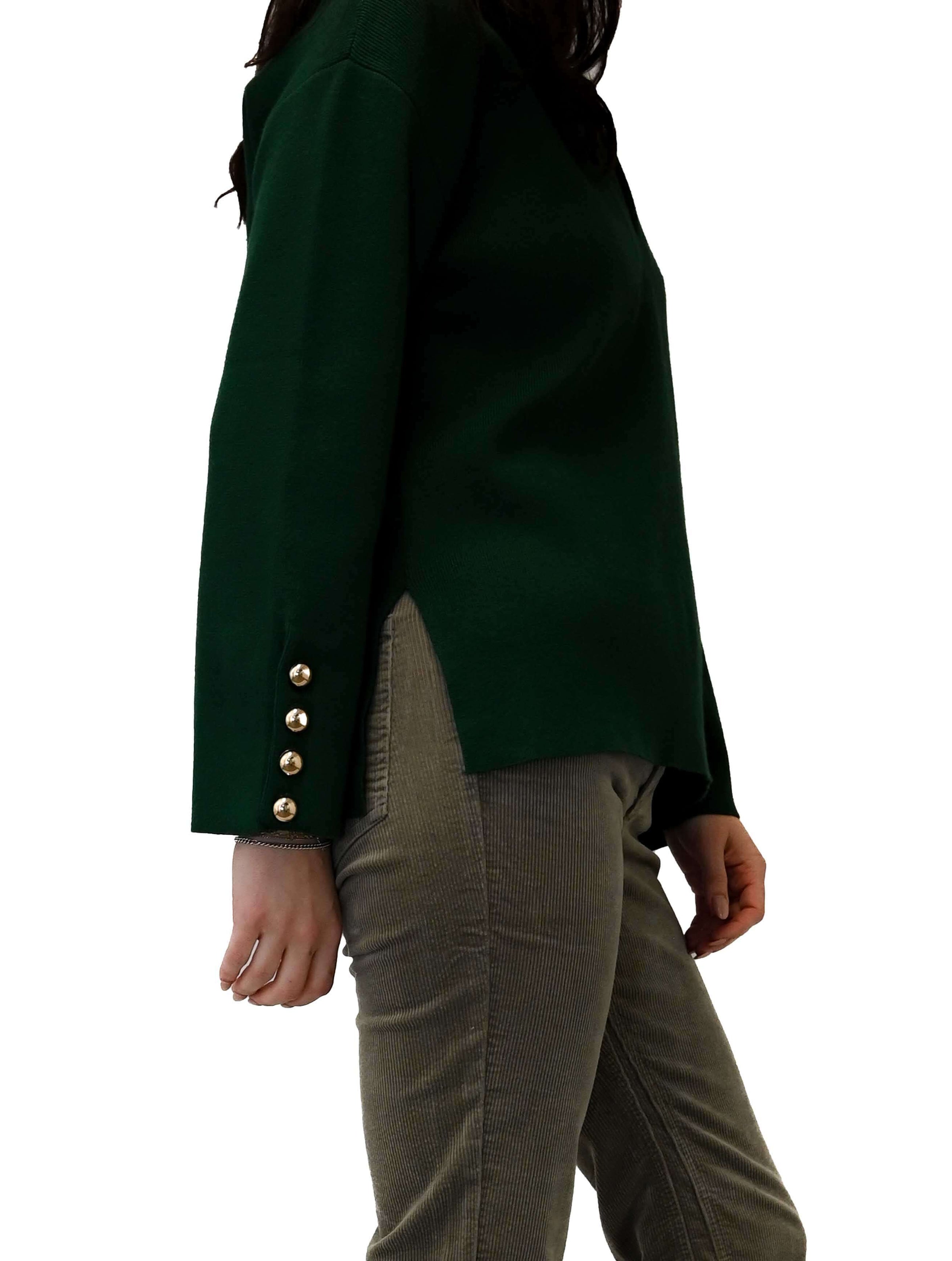 Slit V-Neck Sweater with Gold Button Cuff