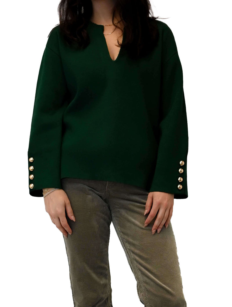 Slit V-Neck Sweater with Gold Button Cuff