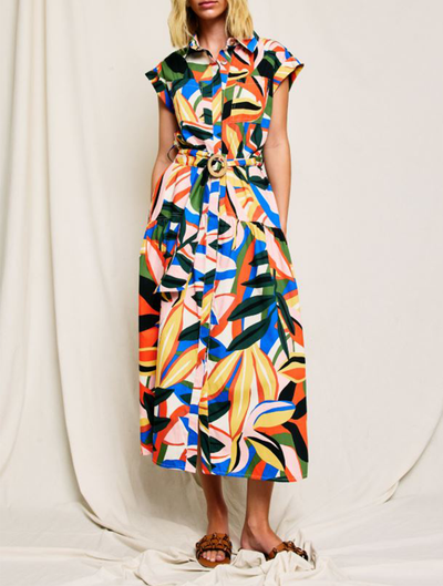 Tropical Belted Shirt Dress