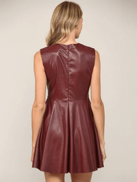 Sleeveless Faux Leather Flared Dress in Maroon