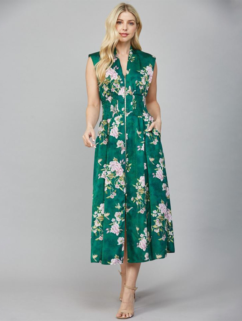 Vintage Floral Print Zip Front Sleeveless Dress