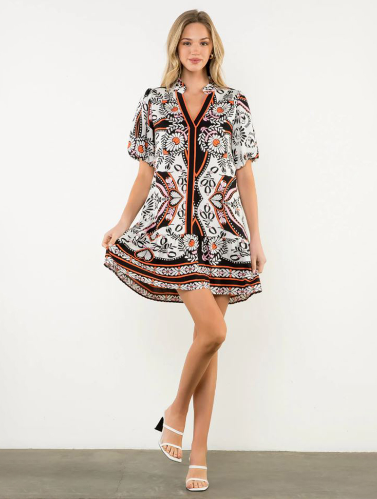 Puff Sleeve Printed Tiered Dress