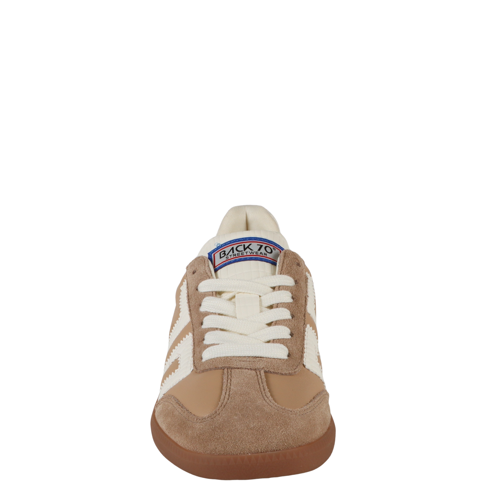 Front closeup of sneaker with white laces, tan toe, and Back 70 logo tag