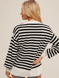 Heart Detail Striped Pullover Sweater in Black
