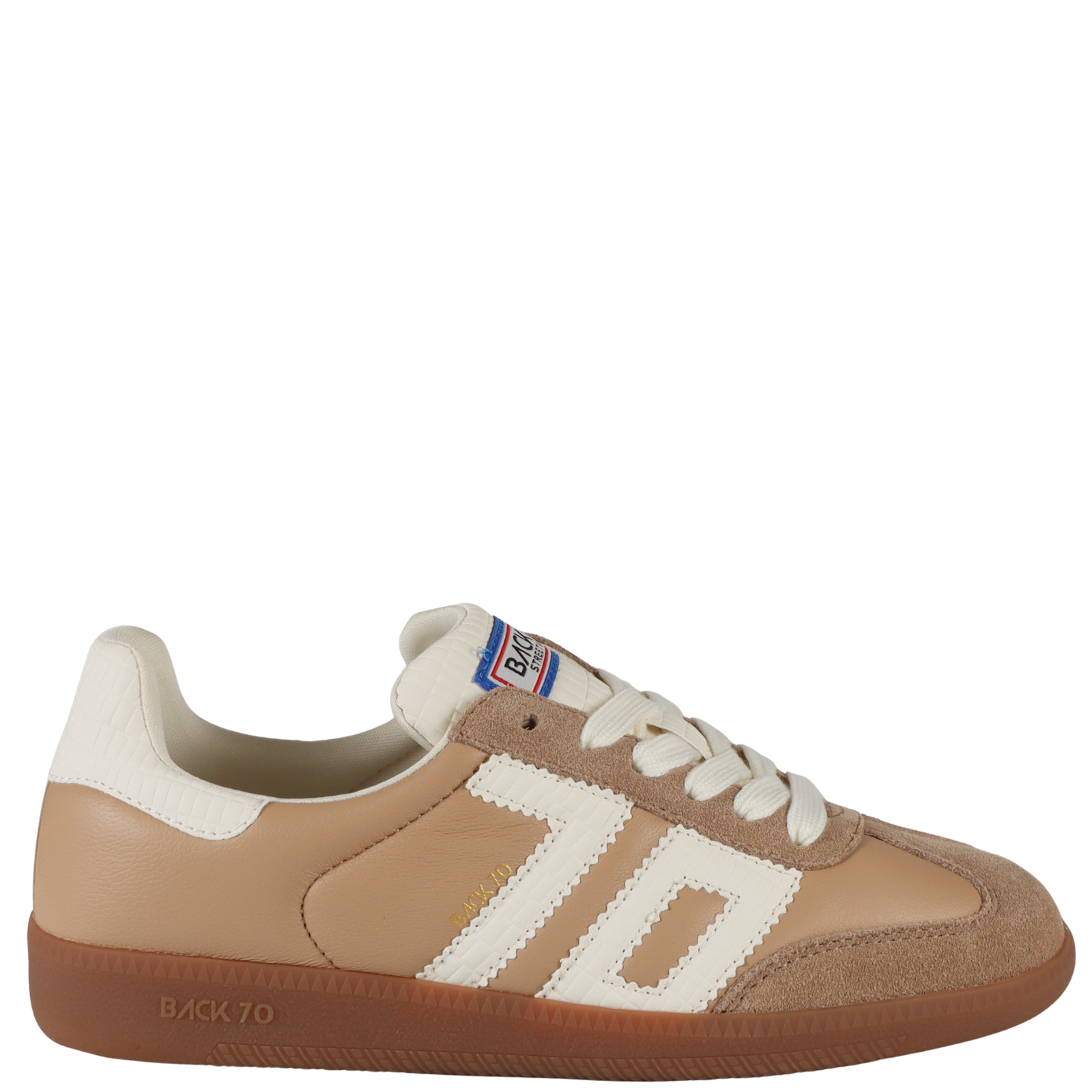 Classic side look of Back 70 sneaker in beige with suede and leather accents