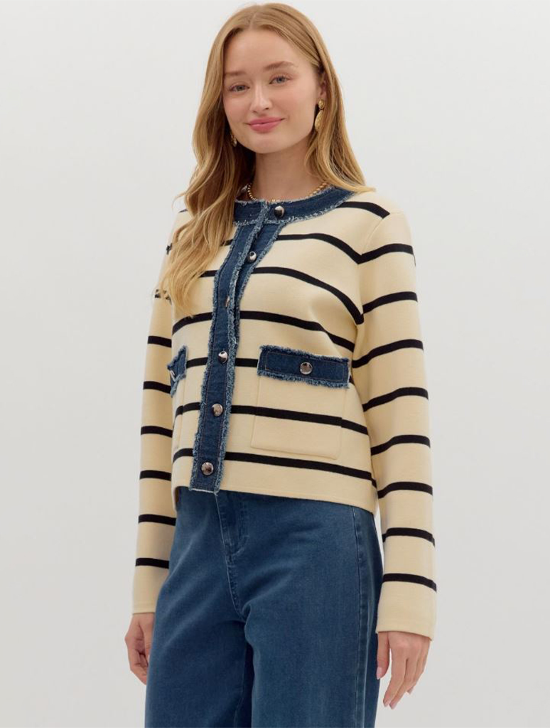 Button Up Denim Detail Sweater Jacket