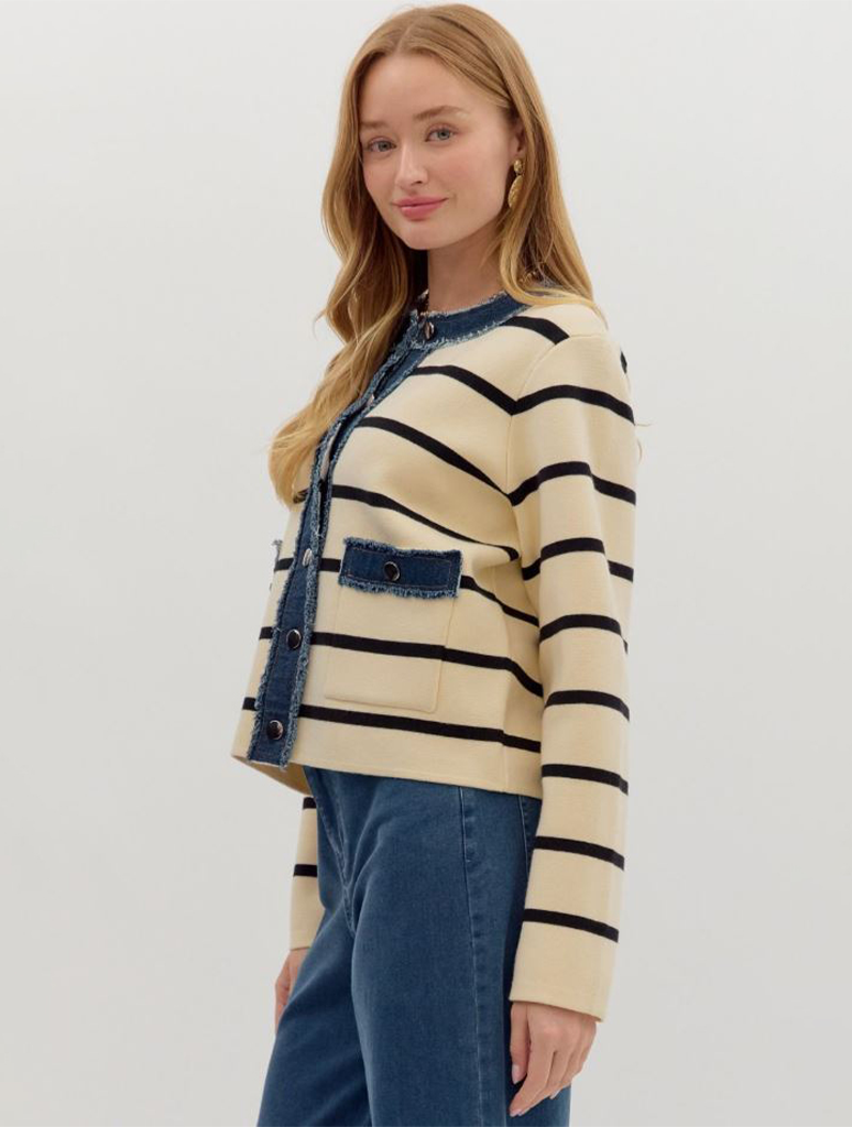Button Up Denim Detail Sweater Jacket