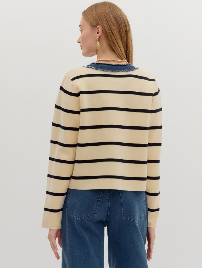 Button Up Denim Detail Sweater Jacket