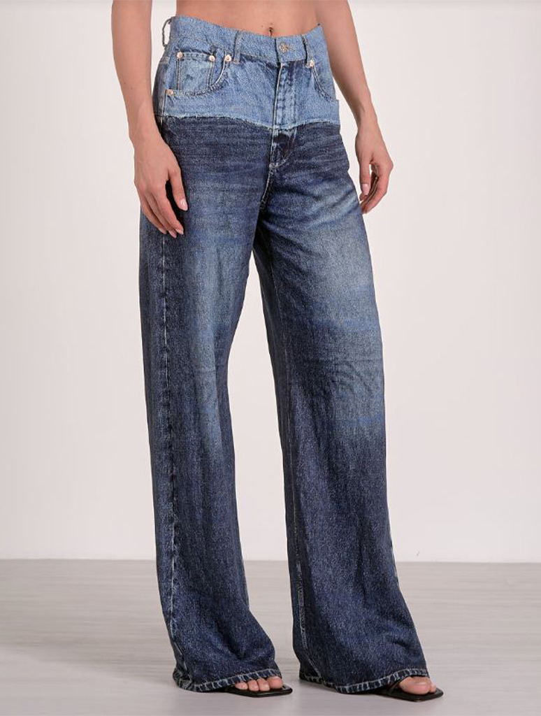 Wide Leg Two Printed Denim Pants