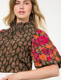 Embroidered Puff Sleeve Print Top