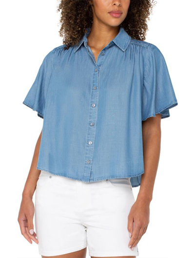 Liverpool 1/2 Sleeve Button Front Shirred Woven Blouse