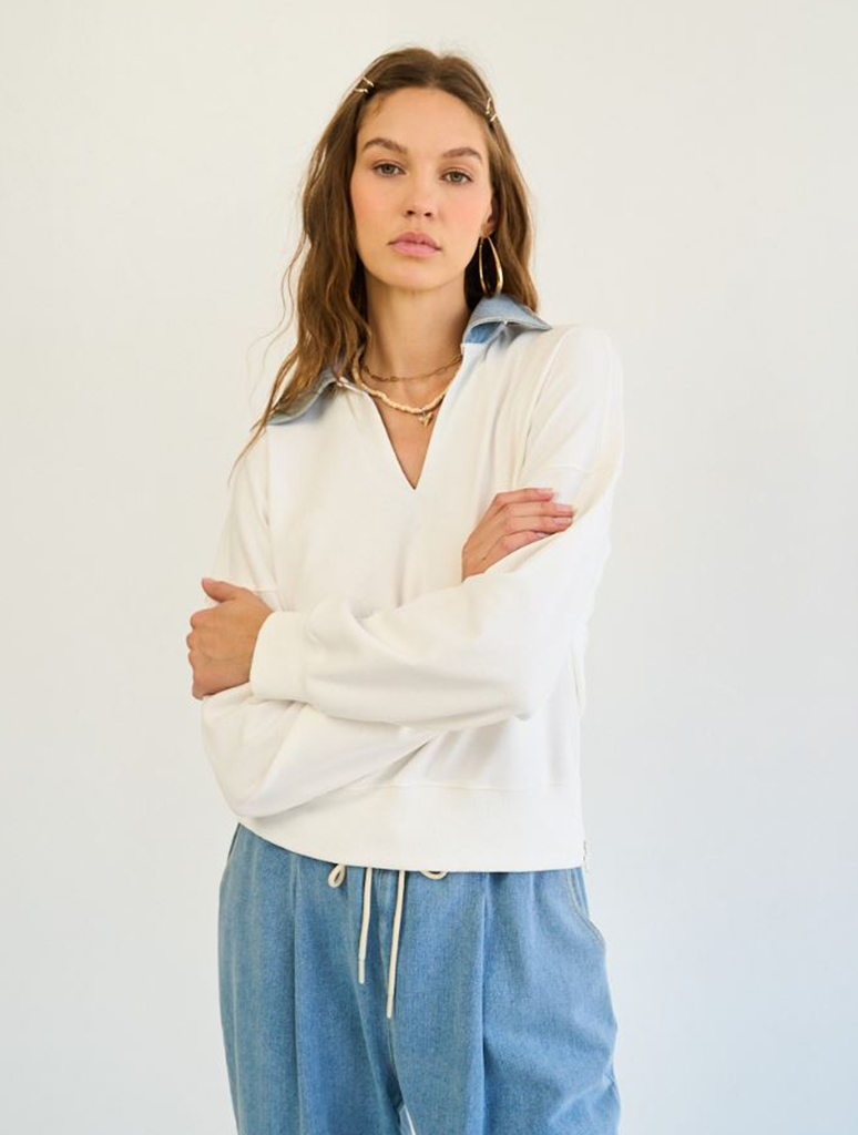 Denim Collared Sweatshirt with Zip Details