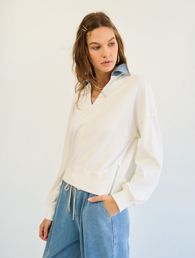 Denim Collared Sweatshirt with Zip Details