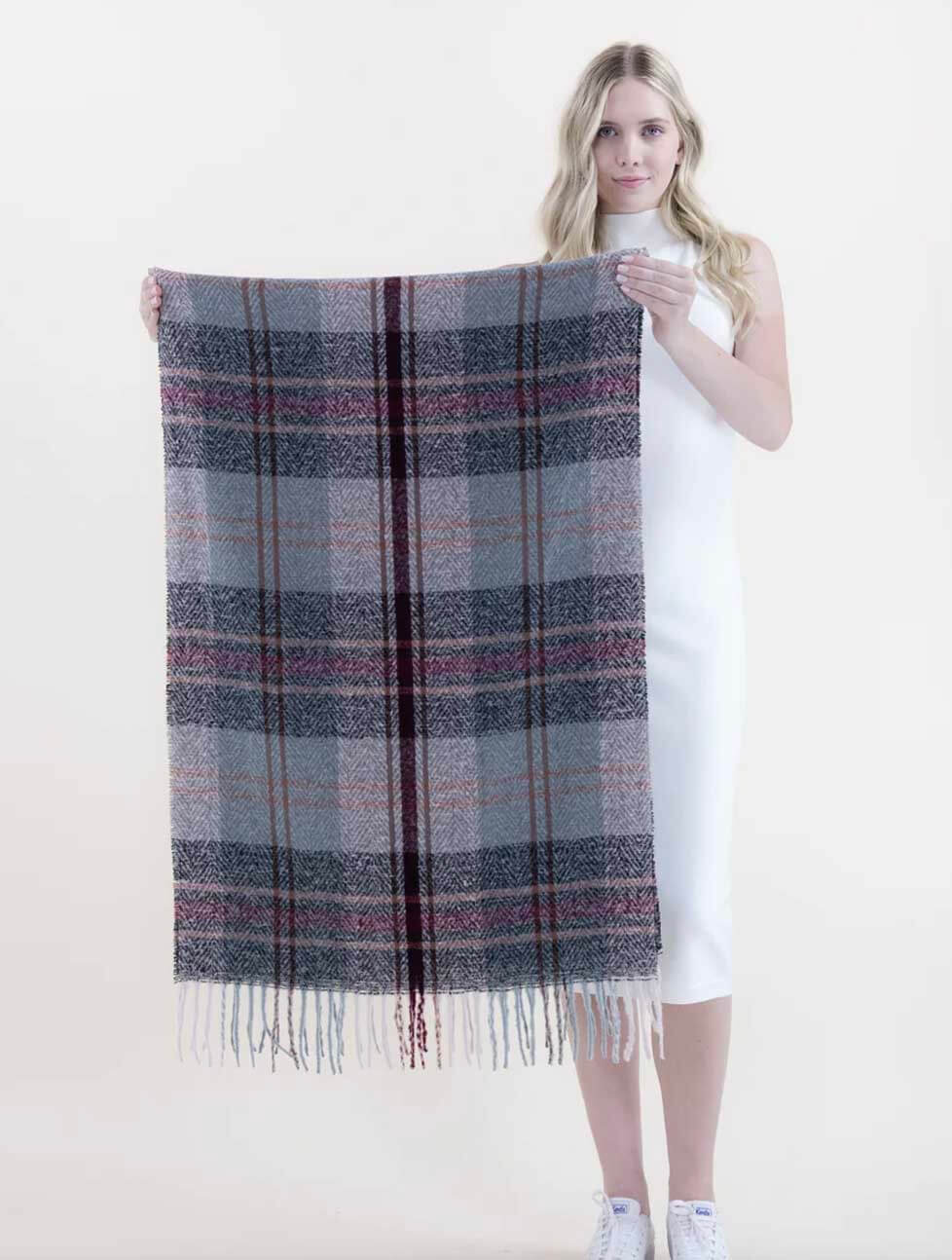 Multi Tone Herringbone Plaid Scarf with Fringe