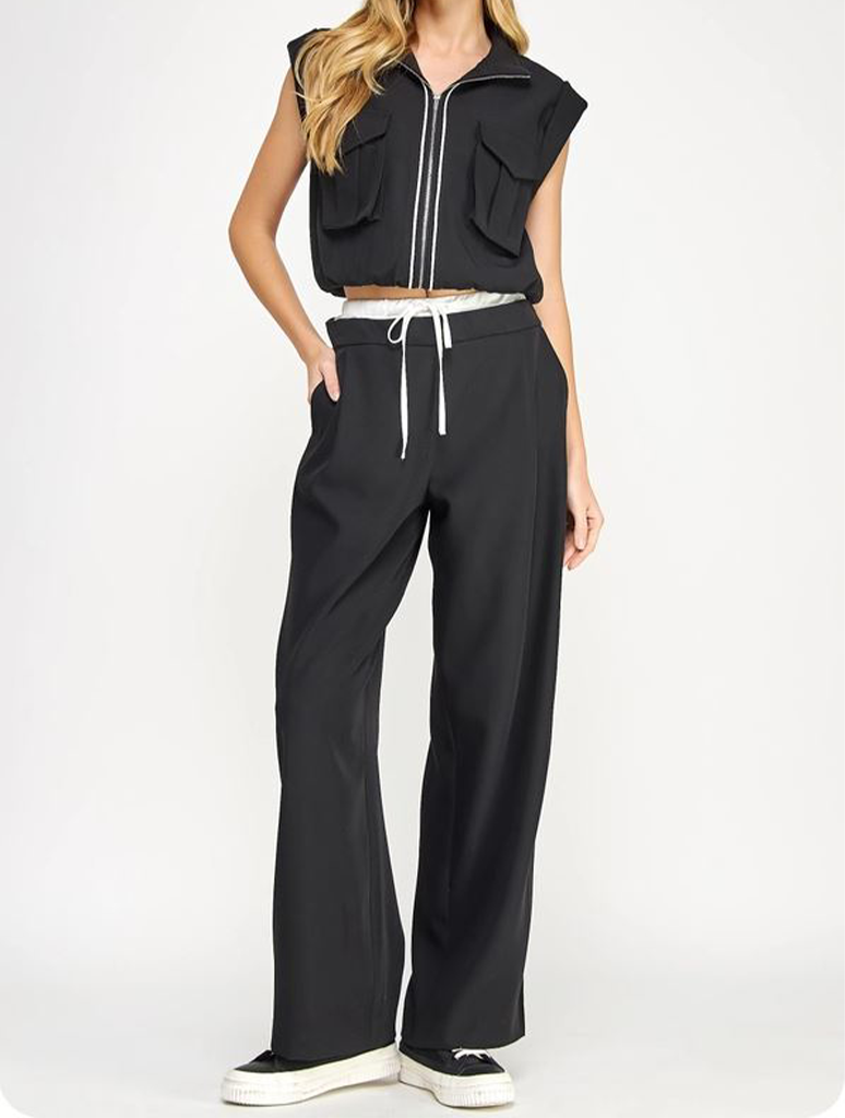 Contrast Waisted Band Wide Leg Pant