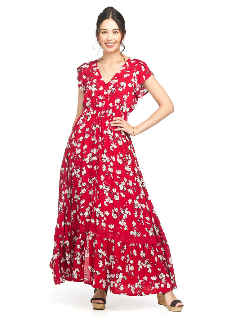 Floral Short Sleeve Maxi with Lace Inset and Pockets