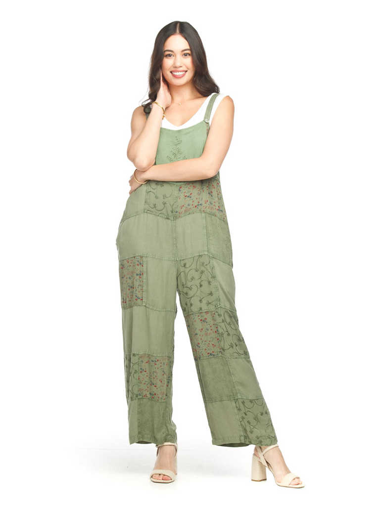 Embroidered Patchwork Overalls