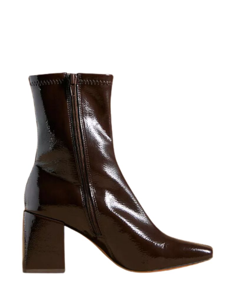 Silent D Carina Heeled Ankle Boot in Choco Crinkle Patent