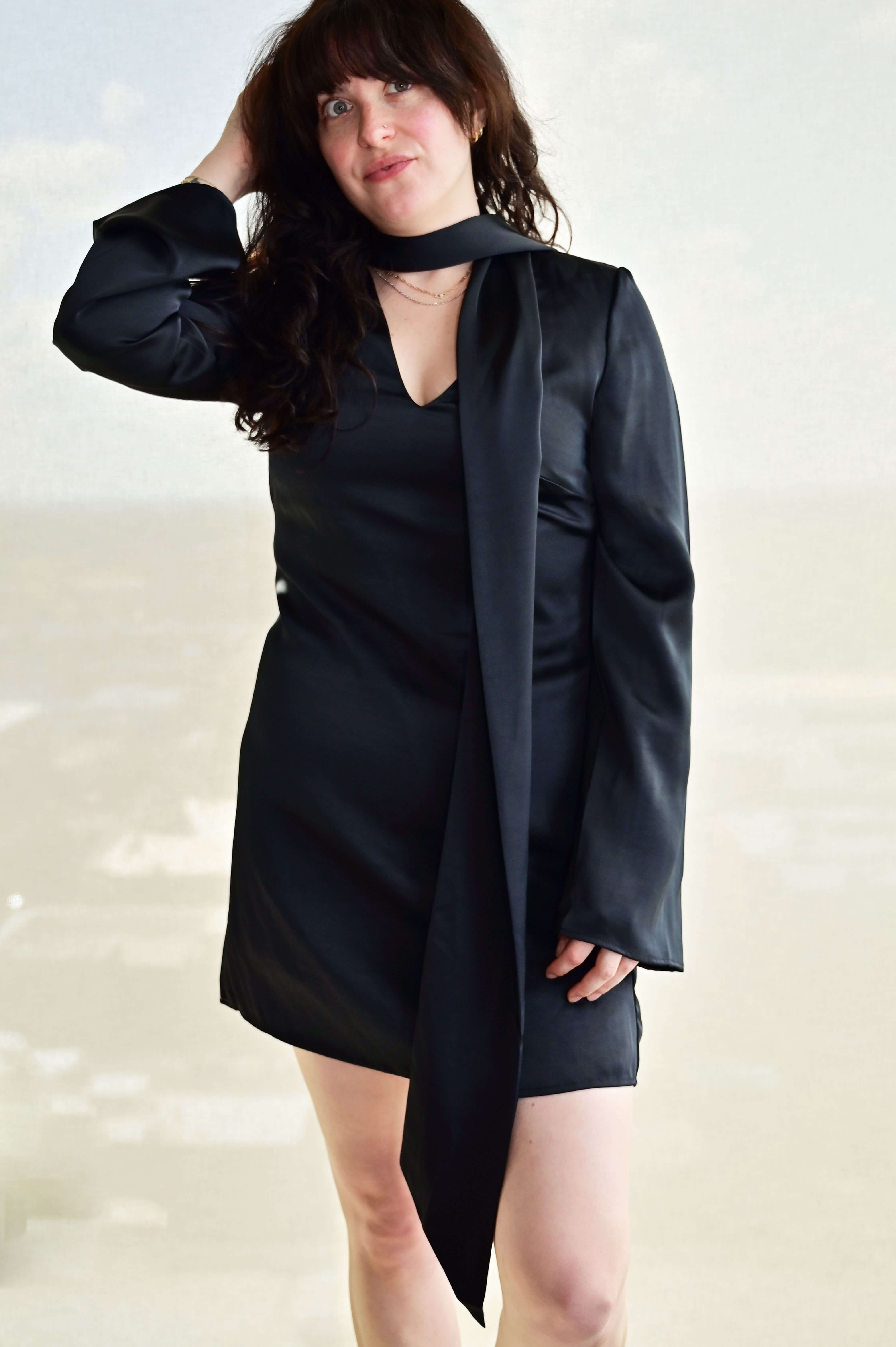 Heize Satin V-Neck Mini Dress with Scarf