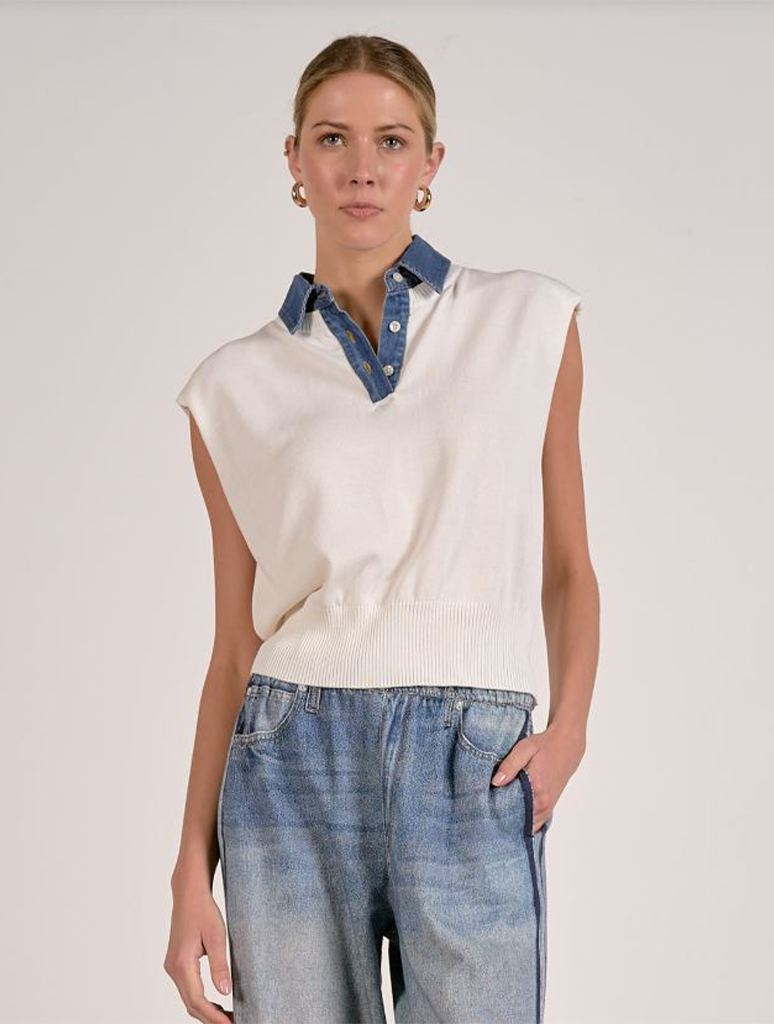 Mixed Media Capped Sleeve Collared Sweater