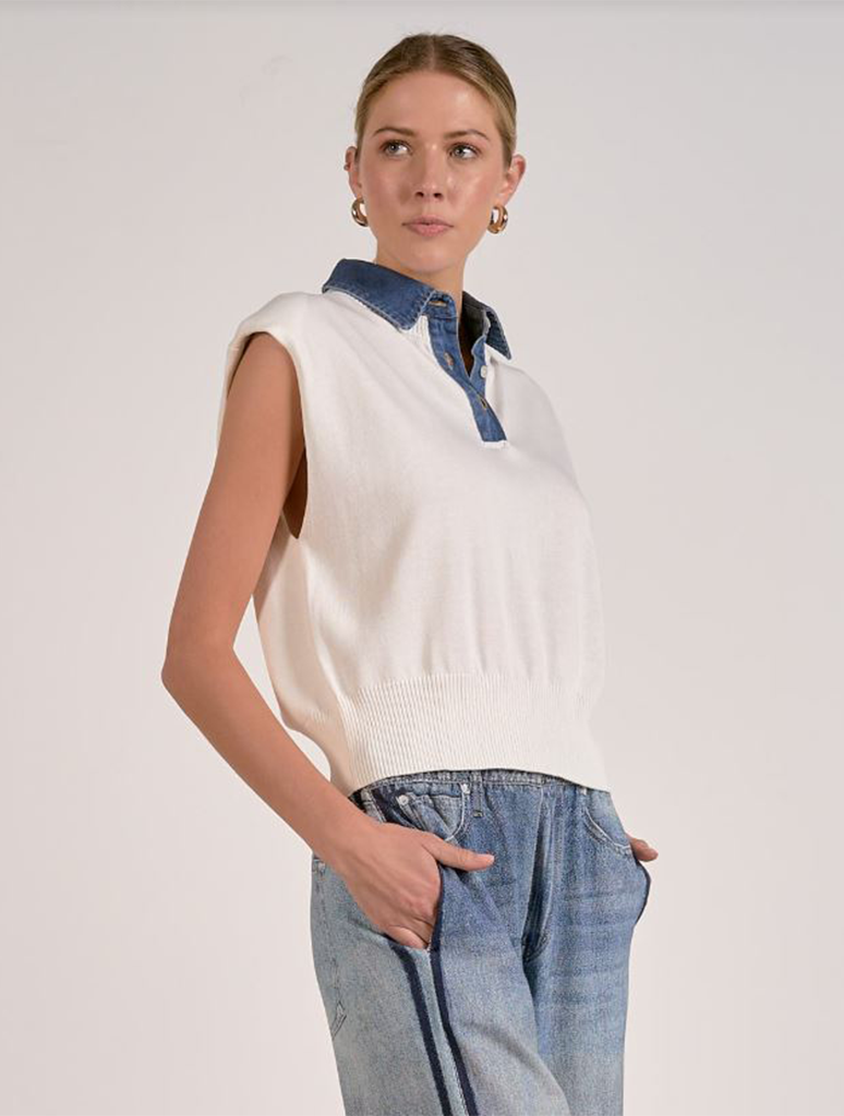 Mixed Media Capped Sleeve Collared Sweater