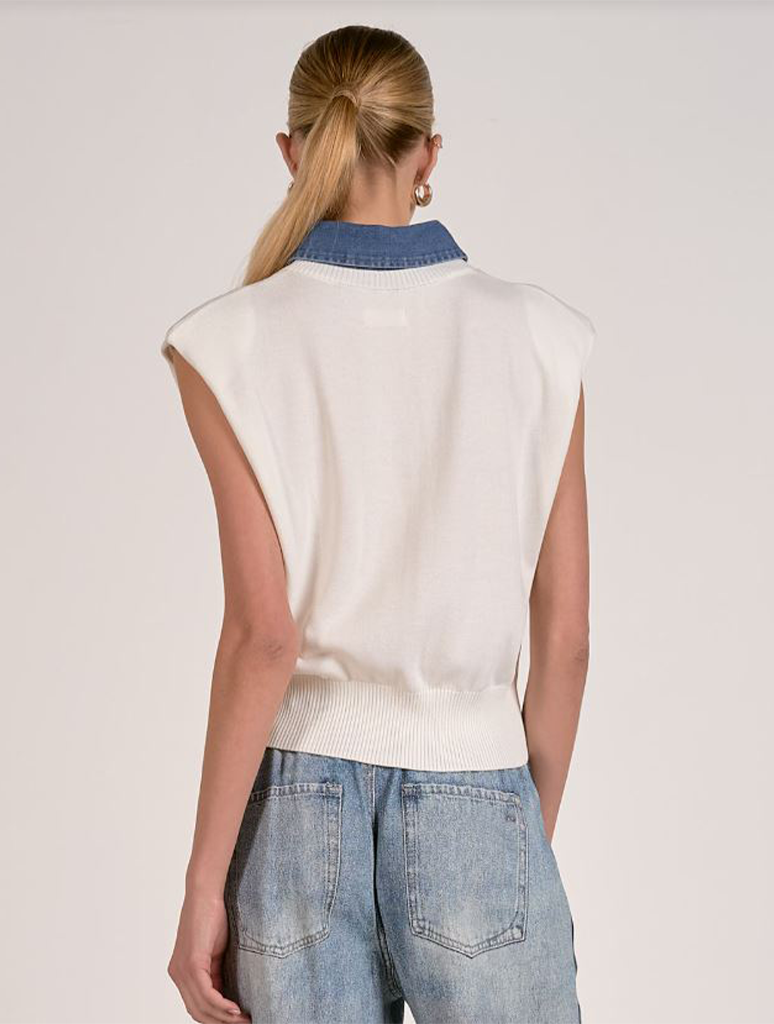 Mixed Media Capped Sleeve Collared Sweater