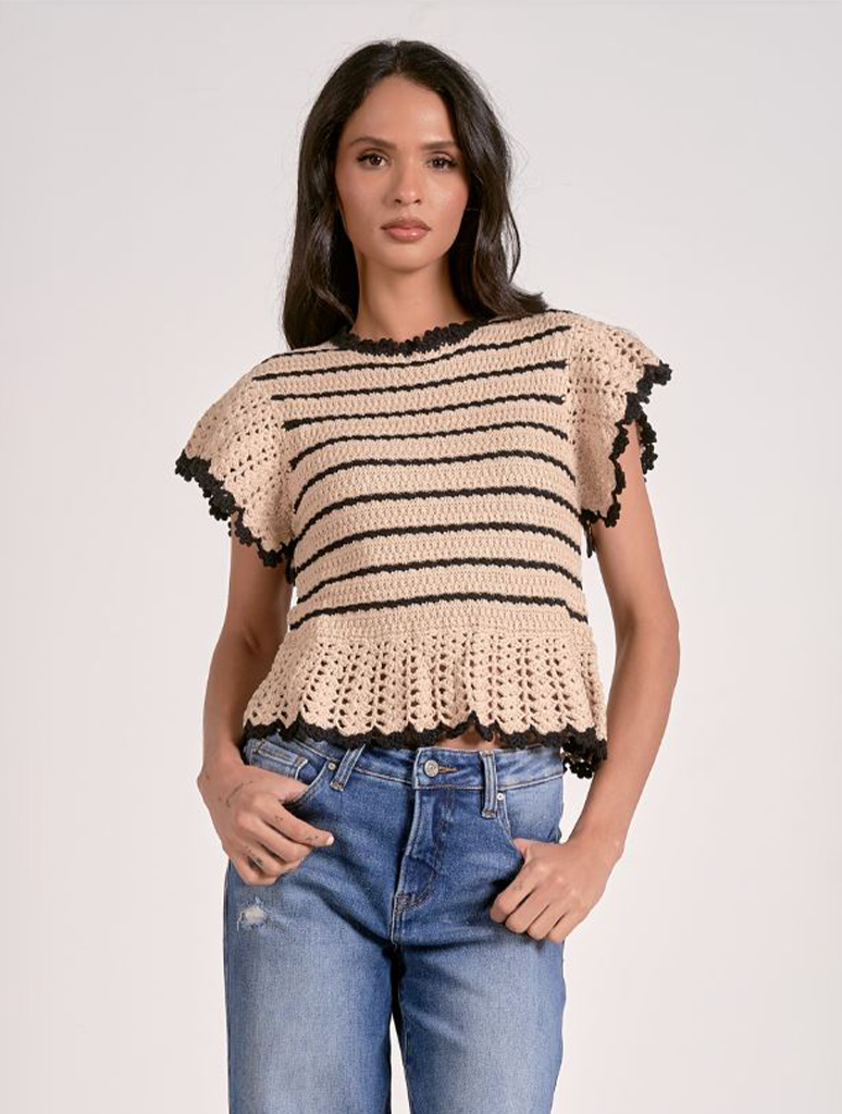 Crochet Ruffle Sleeve Striped Tank