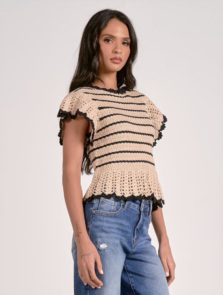 Crochet Ruffle Sleeve Striped Tank