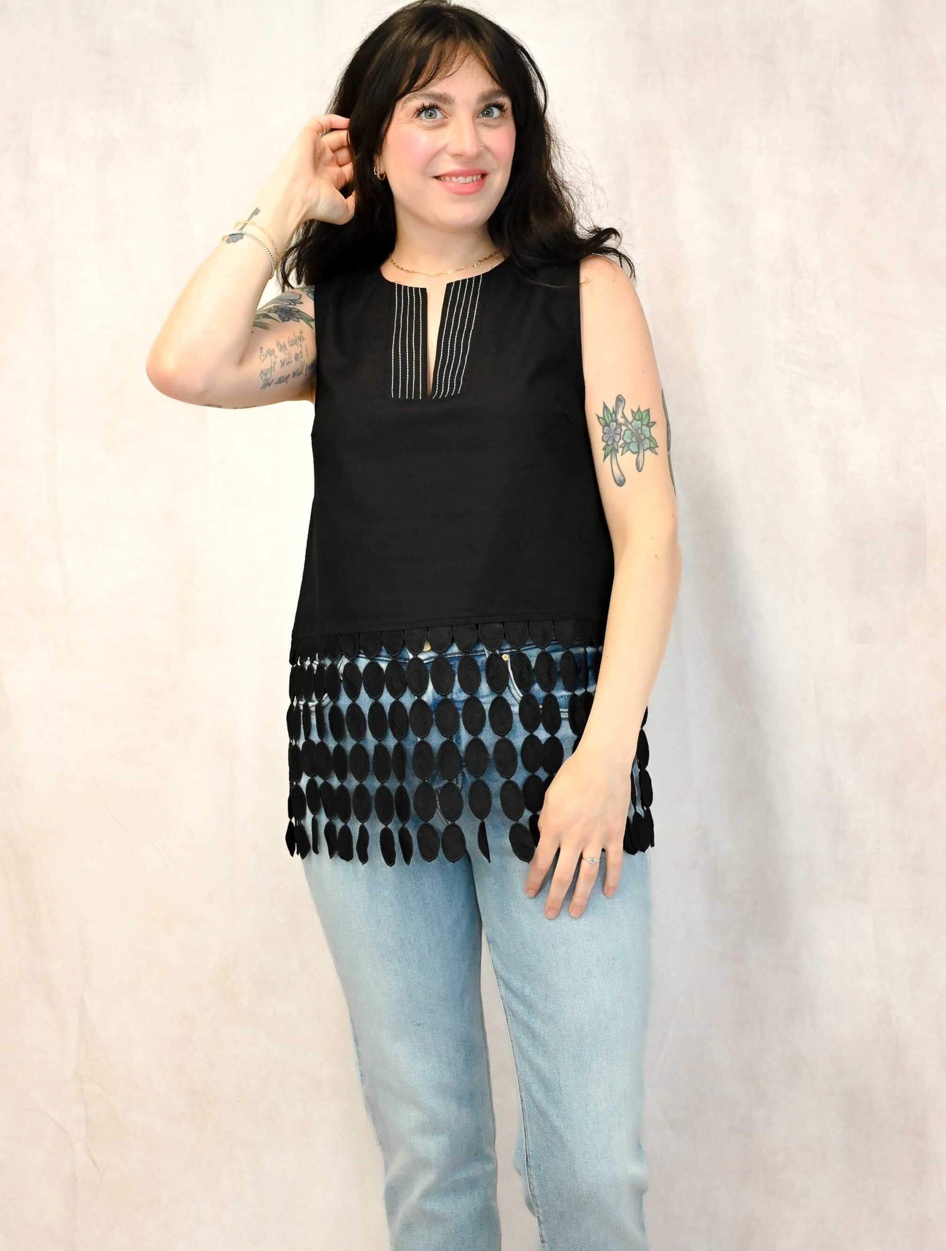 Dotted Lace Fringe Linen Top