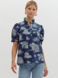 Printed Ruffled Neckline Puff Sleeve Top