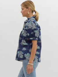 Printed Ruffled Neckline Puff Sleeve Top