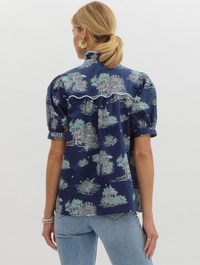 Printed Ruffled Neckline Puff Sleeve Top