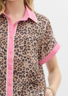 Leopard Print Short Sleeve Top with Contrasting Collar