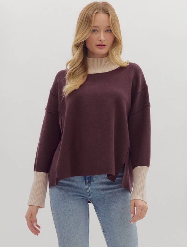 Long Sleeve Knit Pullover With Contrast Ribbing