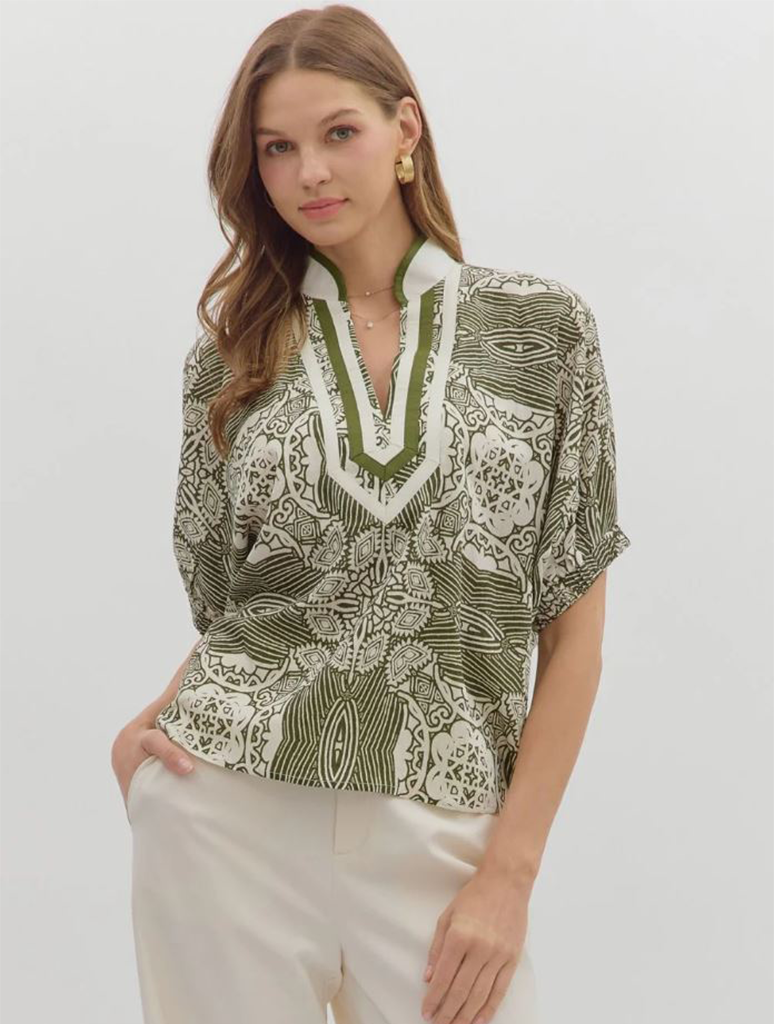 Patterned Dolman Sleeve Blouse