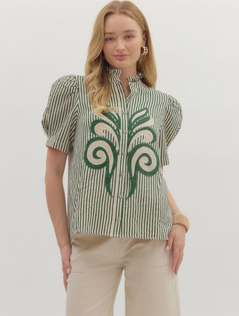 Stripe Short Sleeve Blouse With Embroidered Detailing