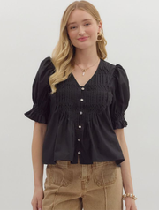 Smocked Short Puff Sleeve Pintuck Top