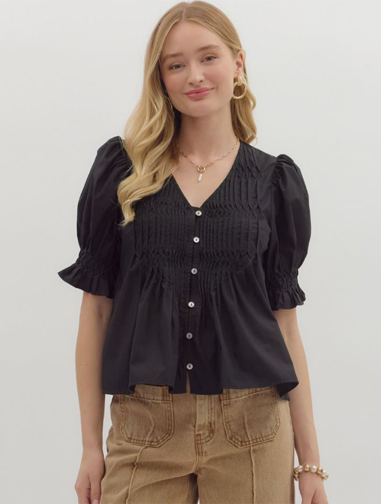 Smocked Short Puff Sleeve Pintuck Top