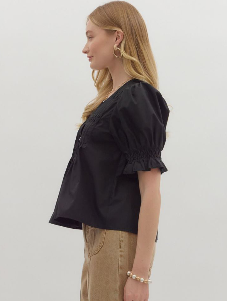 Smocked Short Puff Sleeve Pintuck Top