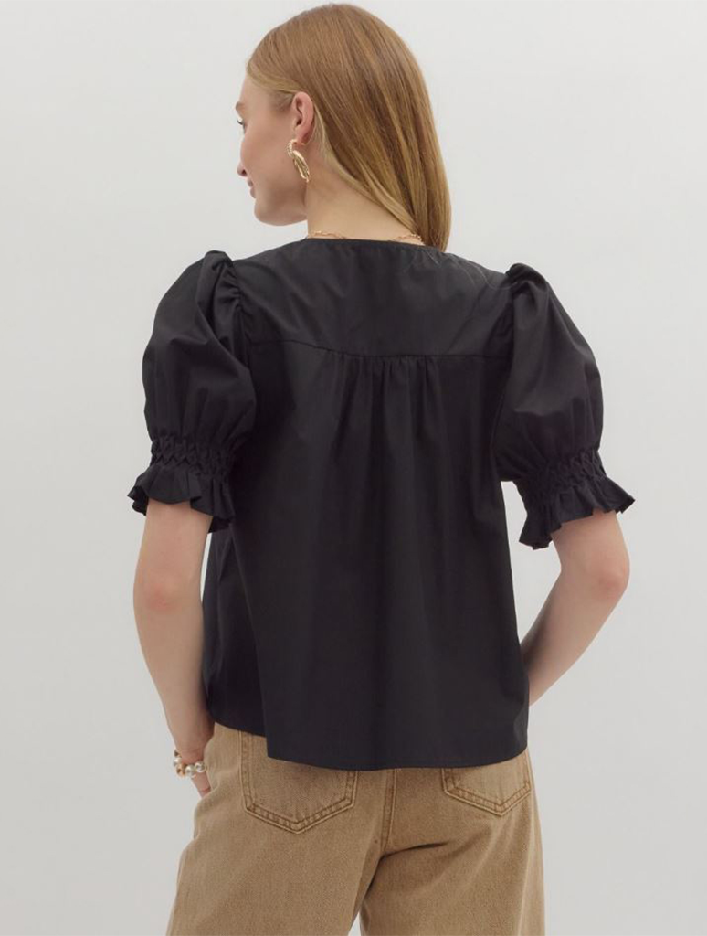 Smocked Short Puff Sleeve Pintuck Top