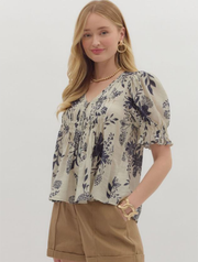 Flower Print Smocked Short Sleeve Top