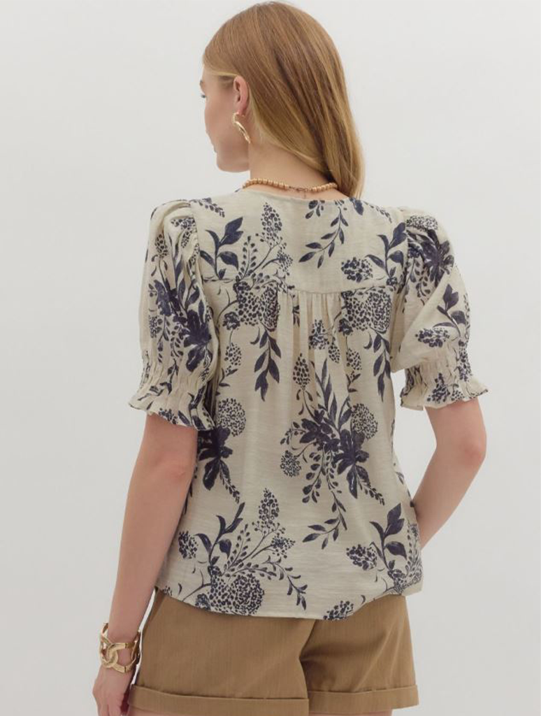Flower Print Smocked Short Sleeve Top