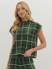 Plaid Cap Sleeve Mock Neck Top