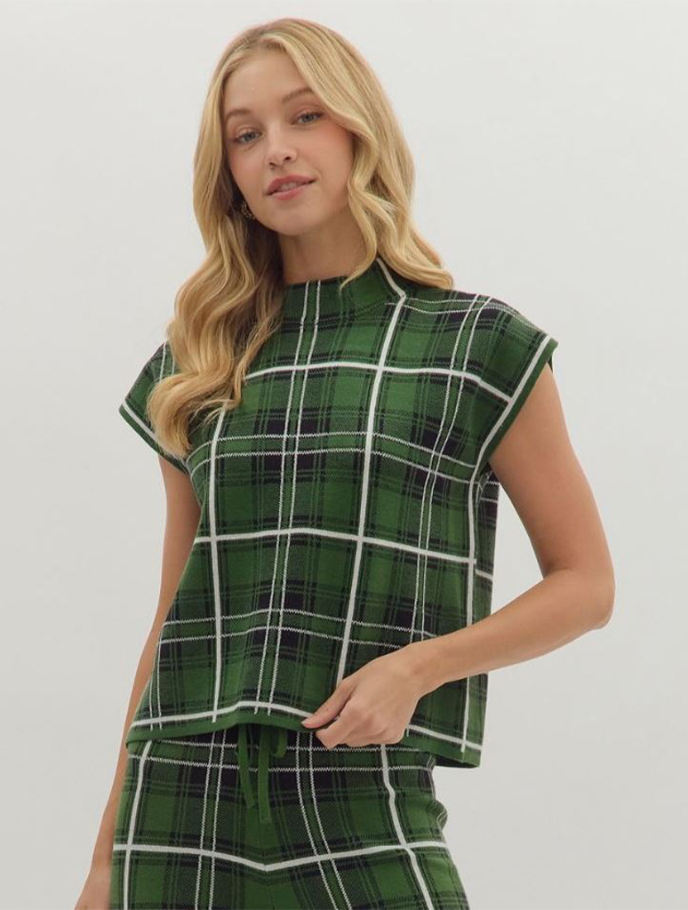 Plaid Cap Sleeve Mock Neck Top