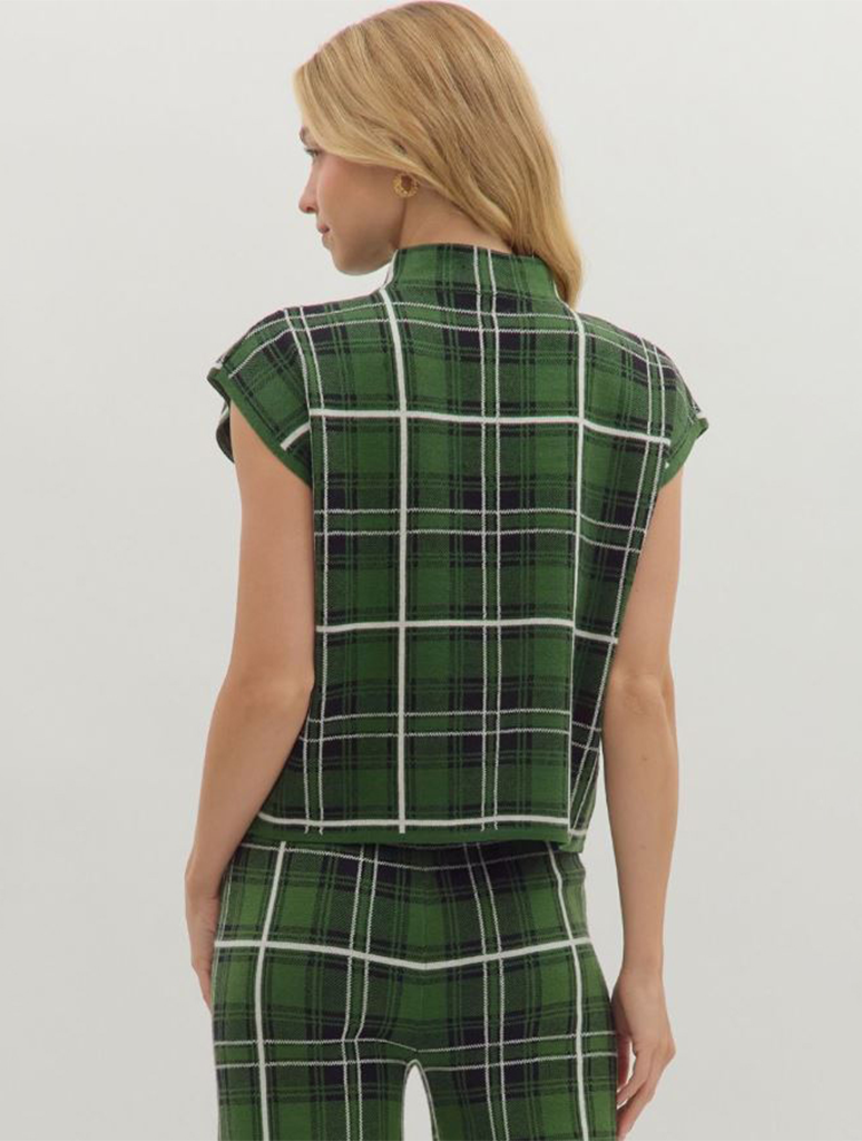 Plaid Cap Sleeve Mock Neck Top