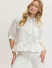Short Sleeve Button Down Top with Ruffle Hem