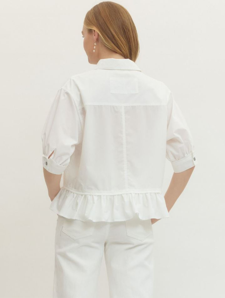 Short Sleeve Button Down Top with Ruffle Hem