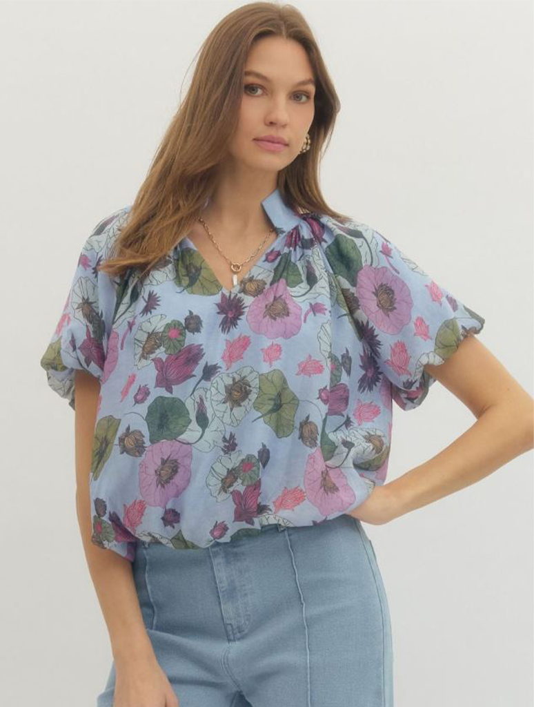 Floral V-Neck Short Sleeve Blouse