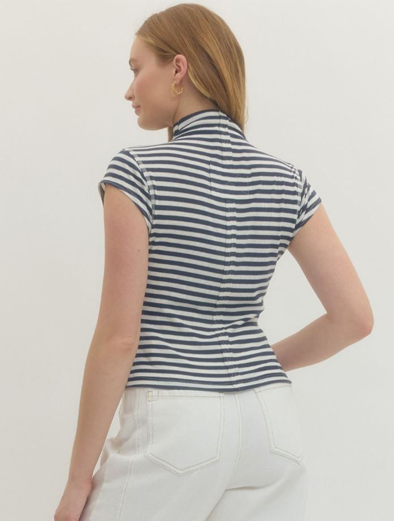 Striped Mock Neck Short Sleeve Tee